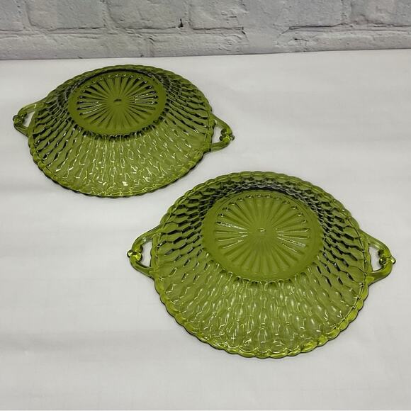 Vintage Indiana Glass Candy Dish Set of 2 Avocado Green Handles Round Honeycomb - Picture 5 of 5